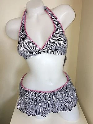 KENNETH COLE ZEBRA RUFFLE HATLER SKIRT 2PC SKIRTED BIKINI SWIMSUIT S SMALL  SFS - Image 1 of 3