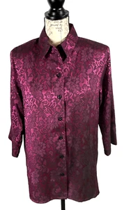 Vintage Allison Daley Women's 10/Med Fuchsia Black Lace Floral Print 3/4 Sleeve - Picture 1 of 9