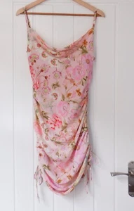 Ladies Pink Faux Satin Floral Print Ruched Side Mini Dress - ASOS (Size 8) - Picture 1 of 6