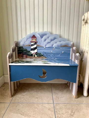 Vintage Small Wood Nautical Bench Lighthouse Ocean Beach Decor 20” x 16” Cover