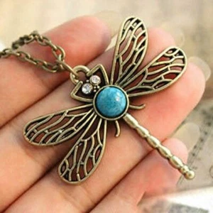 Collana lunga con ciondolo boho libellula bohemien bronzo vintage retrò catena UK - Foto 1 di 1