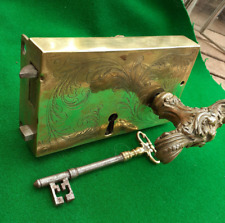 SUPERB ORNATE Original Georgian Antique  BRASS DOOR LOCK + Box Key  Working