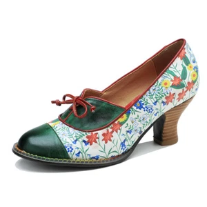 Women's Floral Printed Lace Up Block Heels Folk Pumps Round Toe Leather Shoes - Picture 1 of 10