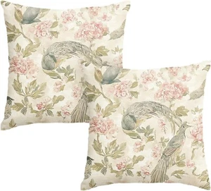 Sage Green Pillow Covers 18X18 Set of 2 Green Floral Bird Chinoiserie Throw Pill - Picture 1 of 7