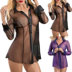 Hot Women Sheer Lingerie Blouse See Through Long Sleeve Tops Sleepwear Nightwear - Picture 1 of 13