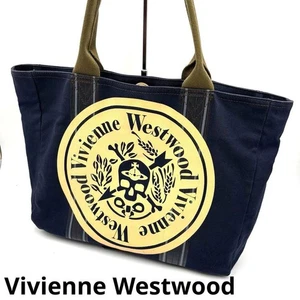 Vivienne Westwood Large Canvas Tote Bag Navy Blue Khaki Handles Orb Skull Logo - Picture 1 of 10