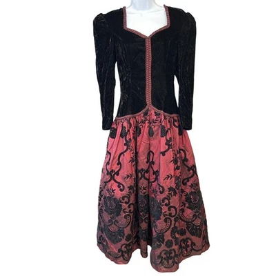 Vestido de vacaciones Scott McClintock años 80 terciopelo tafetán caprichoso barroco floral oscuro Foto 1 de 4