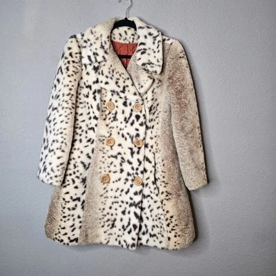 Vtg Collins Aikman Leopard Peacoat Faux Fur Quilted Liner Wood Button - image 1 of 4