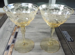 Set 2 Tiffin Glas Mandarinengelb ROSALINDE Geätzt Champagner 6" Sherbet Kelche - Bild 1 von 10
