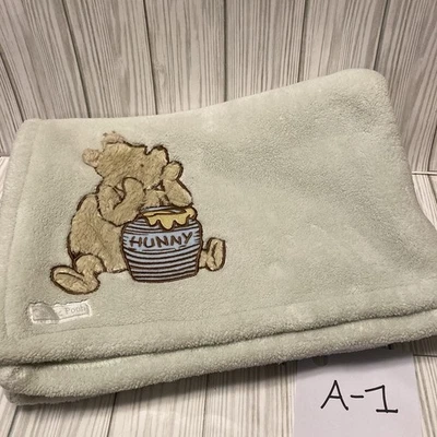 Disney Classic Winnie Pooh Bear Honey Pot Sage Green Blue Plush Baby Blanket A1 - Image 1 of 4