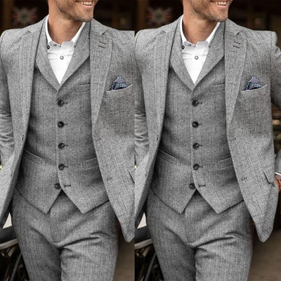 Business Tweed Herringbone Men Suits Party Single Breasted Vintage Groom Prom - Image 1 of 4