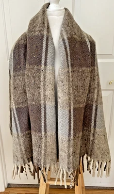 Vintage Crana Handknits Shawl Throw 30 x 65 + Fringe Donegal Wool Aran Tan Brown - Image 1 of 4