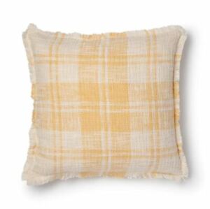 Sonoma Goods For Life Yellow Plaid Self Fringe Feather Fill Throw Pillow New