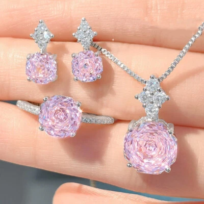 3pc Set High Carbon Rose Cut Amethyst Gems Luxury Women Silver Necklace Earrings - Image 1 of 4