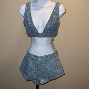 NWT Nasty Gal Denim Sequin V Neck Bralet and High Waist Denim Booty Shorts Sz 4 - Picture 1 of 11