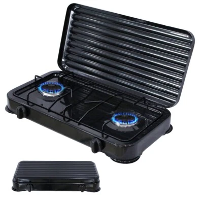 MELKO Fornello a Gas Campeggio 2 Fuochi con Coperchio Piano Cottura Fornello Esterno Nero Metallo