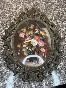 Vintage Oval Ornate Victorian Italian Metal Frame Bubble Convex Glass - Picture 1 of 9