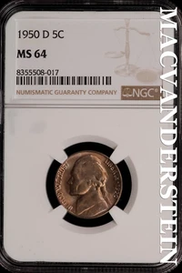 1950-D Jefferson Nickel - NGC MS 64 - Brilliant Unc  No Reserve  #SLi170 - Picture 1 of 2