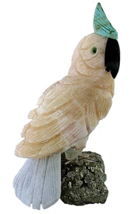 Carved Aragonite Onyx Snow Quartz Chrysocolla Cockatiel Bird Pyrite Base EB11 - Picture 1 of 3