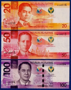 Philippines 2022 Mini Set- 20,50 & 100 Piso P-W230-2 UNC - New Logo Seal 7 - Imagen 1 de 5