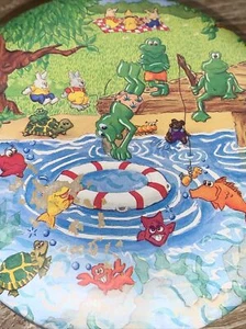 Round Metal Tin Children Pond Picnic Trinket Box Lid Frogs, Fish, Rabbits - Picture 1 of 9