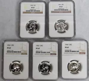 1960 - 1964 PROOF WASHINGTON QUARTER 5 COINS 25C NGC PF 67 - Picture 1 of 2