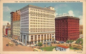 Postcard OH: Central Square, Banks, Streetcars, Youngstown, Ohio, Vintage Linen - Picture 1 of 2