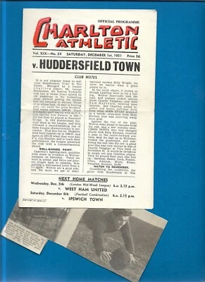 1951/2 Charlton Athletic v Huddersfield Town programme + small press clipping - Image 1 of 4