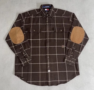 Camisa de flanela de lã vintage Tommy Hilfiger remendo de cotovelo pequena caça ao ar livre anos 90 - Imagem 1 de 4