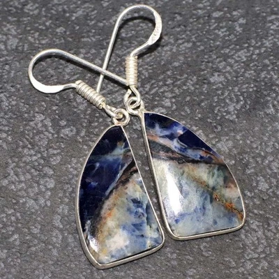 925 Silver Plated Stunning Sodalite Earrings Handmade Size 1.7" GW - Image 1 of 3
