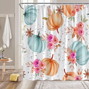Floral Pumpkin Shower Curtain Fall Thanksgiving Watercolor Pumpkin Flower Aut... - Picture 1 of 5
