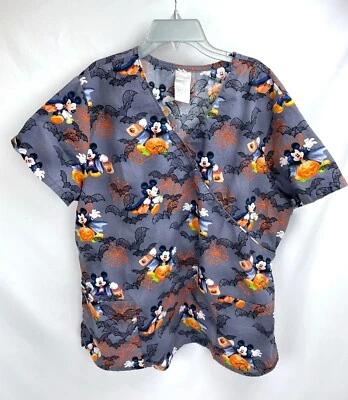 Disney XL Mickey Mouse Trick or Treat Halloween Scrubs Shirt Top Short Sleeves - Image 1 of 4