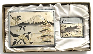 Vintage Japanese Volcano Fuji Etched Cigarette Case & Lighter Set - Picture 1 of 12