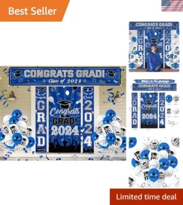 Navy Blue Silver Graduation Outdoor Banner Kit - Stylish Class of 2024 Decor Set - Picture 1 of 9