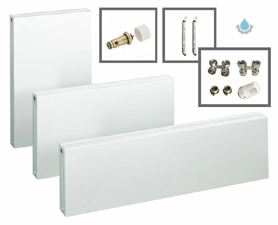 Universalheizkörper Heizkörper Typ 22 Plan inkl. Ventil & Hahnblock‑Set, Weiss - Bild 1 von 4