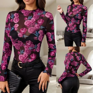 Womens Rose Printed Long Sleeve Tops Ladies Mesh Pullover Blouses Top Tee US - Picture 1 of 13