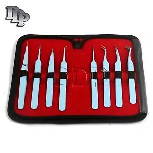 Set Of 8 Pieces Stainless Steel Sky Blue Color Eyelash Extension Tweezers - Picture 1 of 3