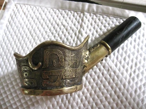 Antique Chinese Silk Iron Coal Pan Heavy Bronze w Wooden Handle 10" VGC - Picture 1 of 8