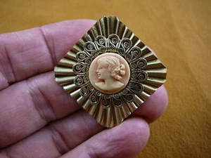 CT14-1) TINY Face Woman curls white pink CAMEO brass Pin Pendant brooch necklace - Picture 1 of 1