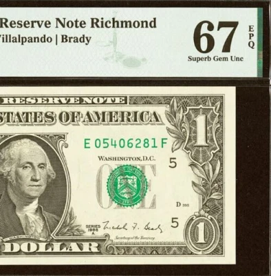 1988A $1 FRN PMG 67EPQ 2nd highest graded Superb Gem Richmond Fr 1915-E - Image 1 of 4