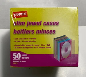 Staples SlimLine Jewel Cases for CD/DVD 5mm Clear/Assorted Plastic 10378 50 pack - Picture 1 of 3