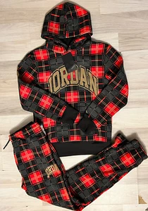 Nike Brooklyn Fleece Check Kids Pullover Hoodie Tracksuit Sz S/M/XL Black Red - Picture 1 of 9