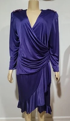 Vestido feminino David Rose vintage 14 roxo envoltório com babados ombro enfeitado #CC - Imagem 1 de 4