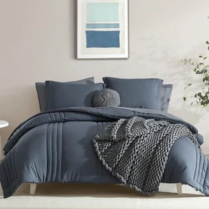 Queen Comforter Set - 7 Pieces Blue Gray Bed in a Bag Queen Bedding Sets with... - Picture 1 of 6