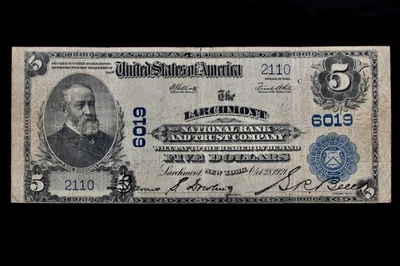 Tough Westchester NY $5 1902 Larchmont NB & TC NY 2110 Charter 6019 plain back  - Image 1 of 2