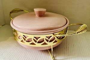 Vintage Bauer Keramik rosa gesprenkelt 2 Quart Auflaufform & Ständer MCM 6x13x8,5" 💕 - Bild 1 von 12