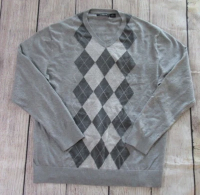 Suéter pulôver Liz Claiborne cinza argila diamantes gola V algodão masculino GG - Imagem 1 de 4