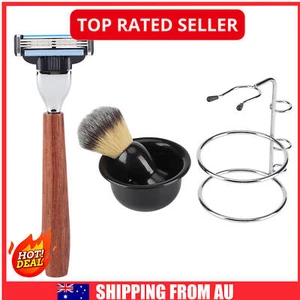 4Pcs Men's Shaving Kit: Razor Brush Stainless Stand & Bowl Set - Picture 1 of 18