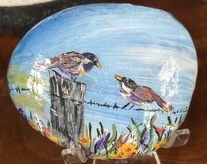 Hand Painted Rock “Beautiful Birds On A Fence Post” Garden Art Decor Collectible - Picture 1 of 7