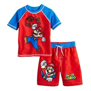 Super Mario Swimsuit Set Swim Trunks Rash Guard Shirt Nintendo Toddler 2T 3T Boy - Picture 1 of 3